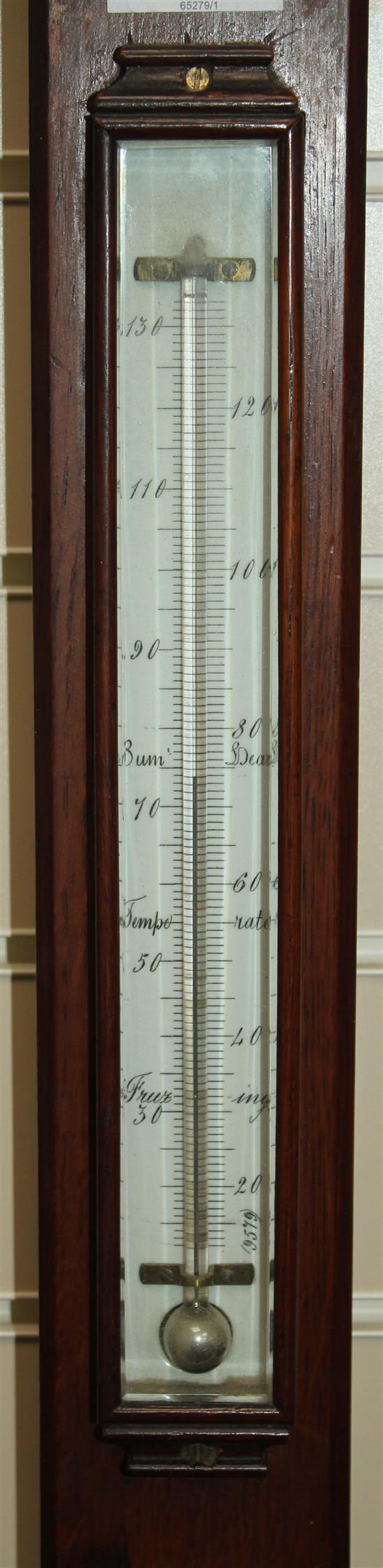 A late Victorian Negretti and Zambra oak stick barometer, 3ft 4in.